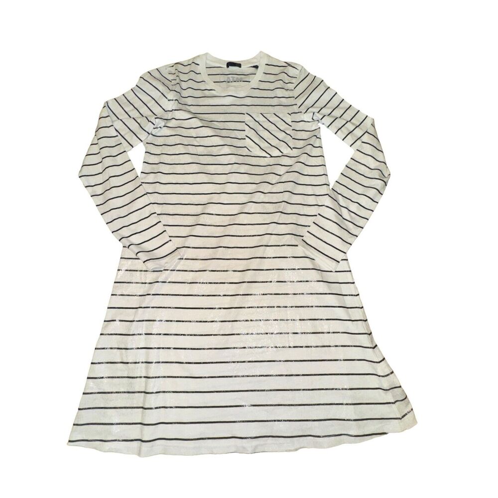 ATM Stripe Shimmer Long Sleeve T-Shirt Dress Women XS Chalk White Black Pocket